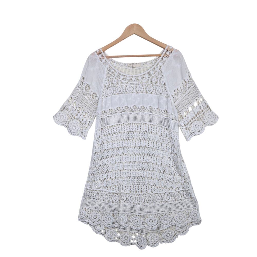 Alchemy Thread Crochet Mini Dress Beach Coverup L White Short Sleeve Fairy Boho